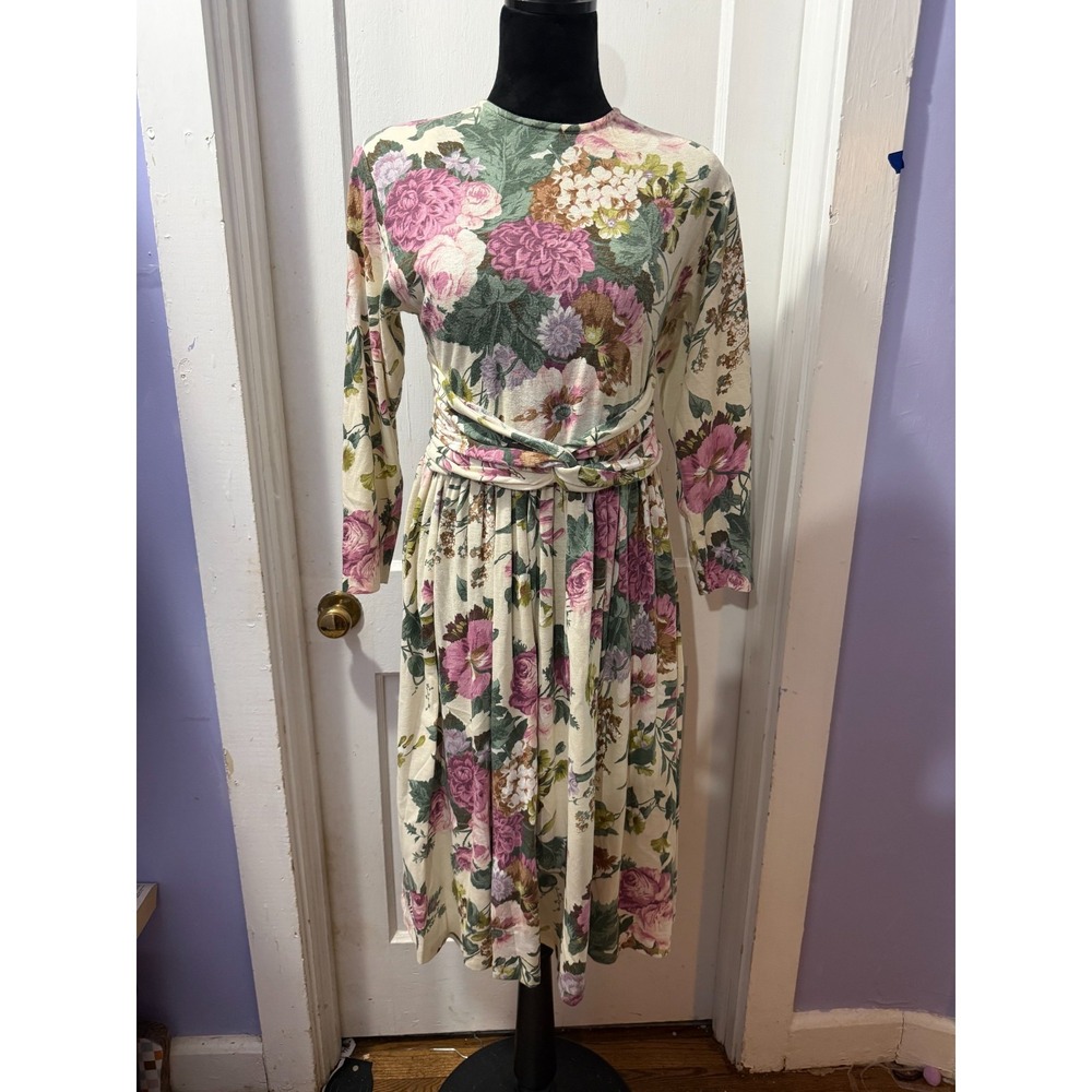 Vintage Avon Fashions Ivory Floral Pattern Long Sleeve Dress in 7/8P